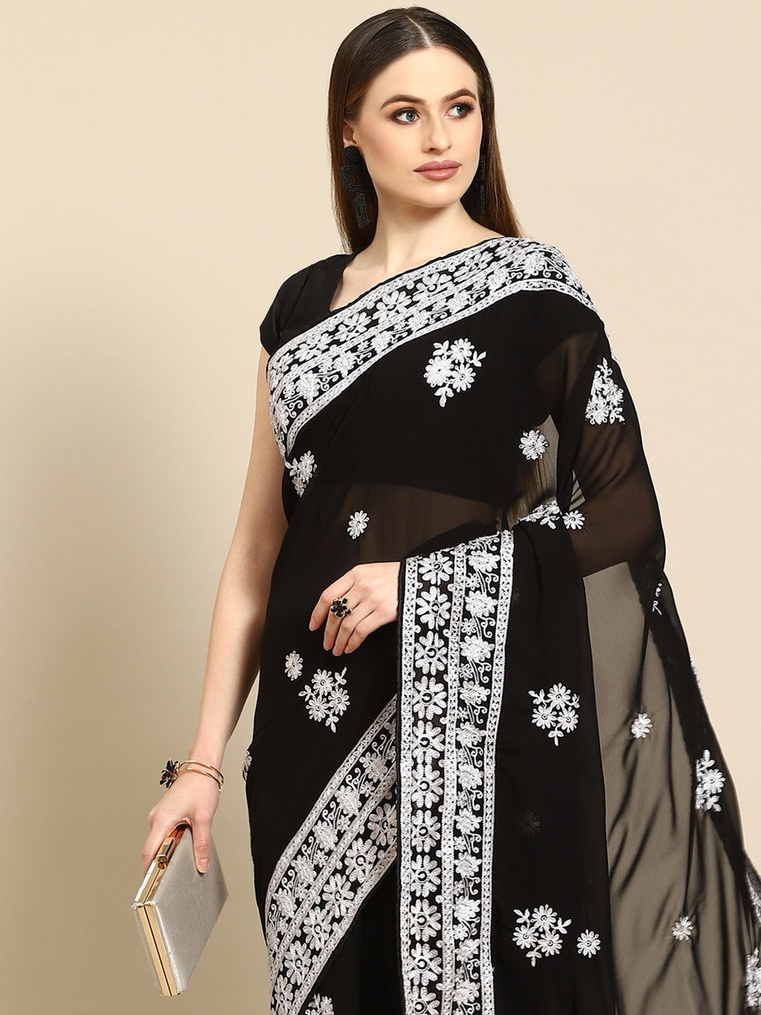 

Anouk Black & White Floral Embroidered Satin Saree