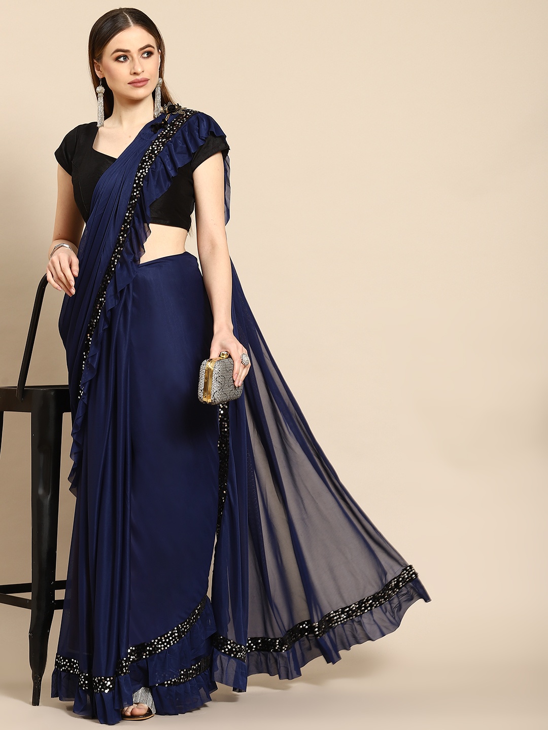 

Anouk Navy Blue & Black Solid Ruffled Saree