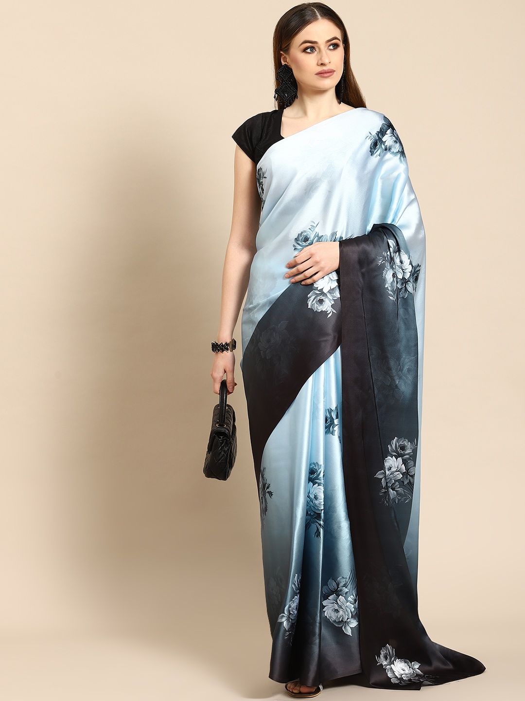 

Anouk Teal & Navy Blue Floral Satin Saree