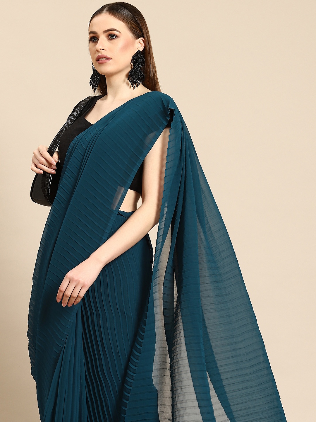 

Anouk Teal Green Solid Pleated Saree