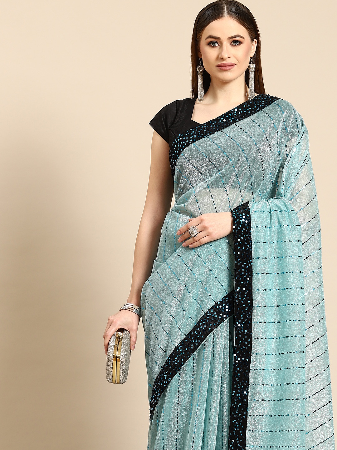 

Anouk Teal Blue & Black Striped Sequinned Saree