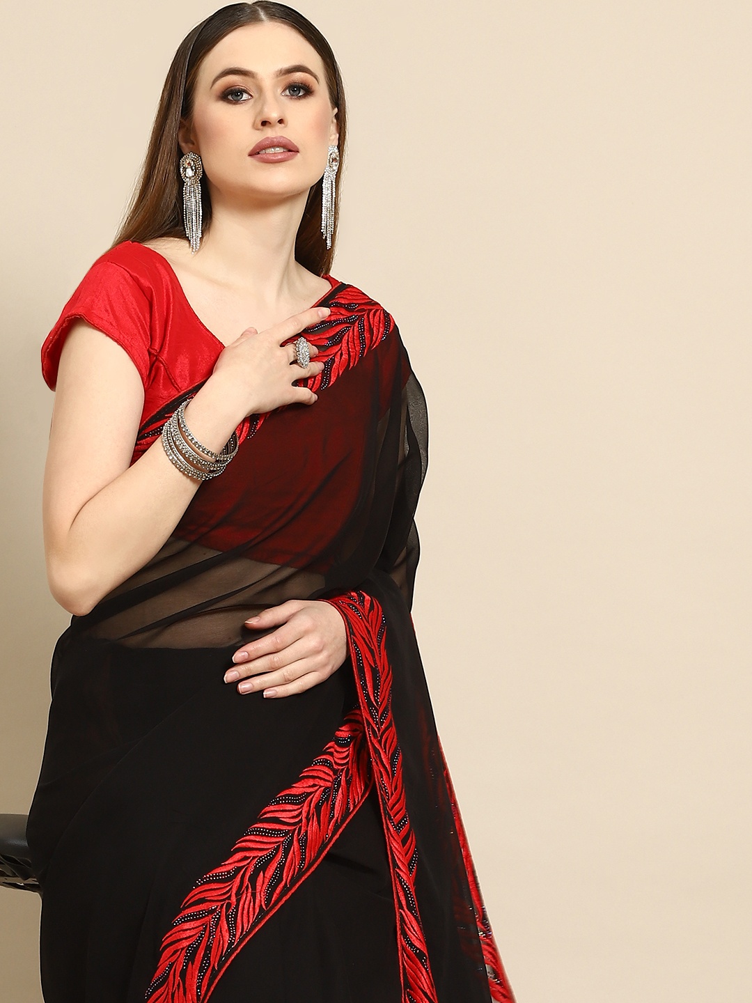 

Anouk Black & Red Poly Georgette Saree