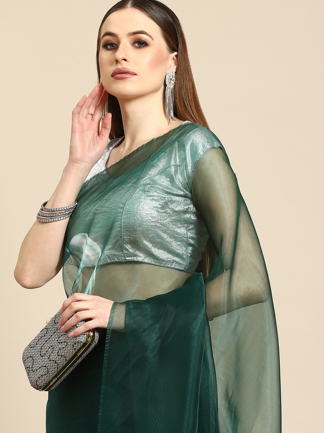 

Anouk Green & White Floral Organza Saree