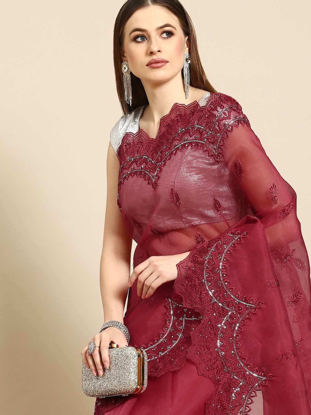 

Anouk Maroon Ethnic Motifs Embroidered Organza Saree