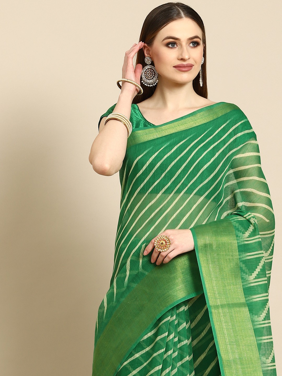 

Anouk Green & Cream-Coloured Leheriya Cotton Blend Saree