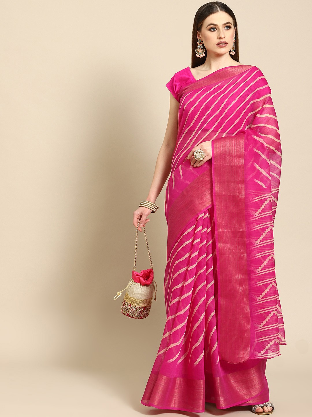 

Anouk Pink & Cream-Coloured Leheriya Cotton Blend Saree