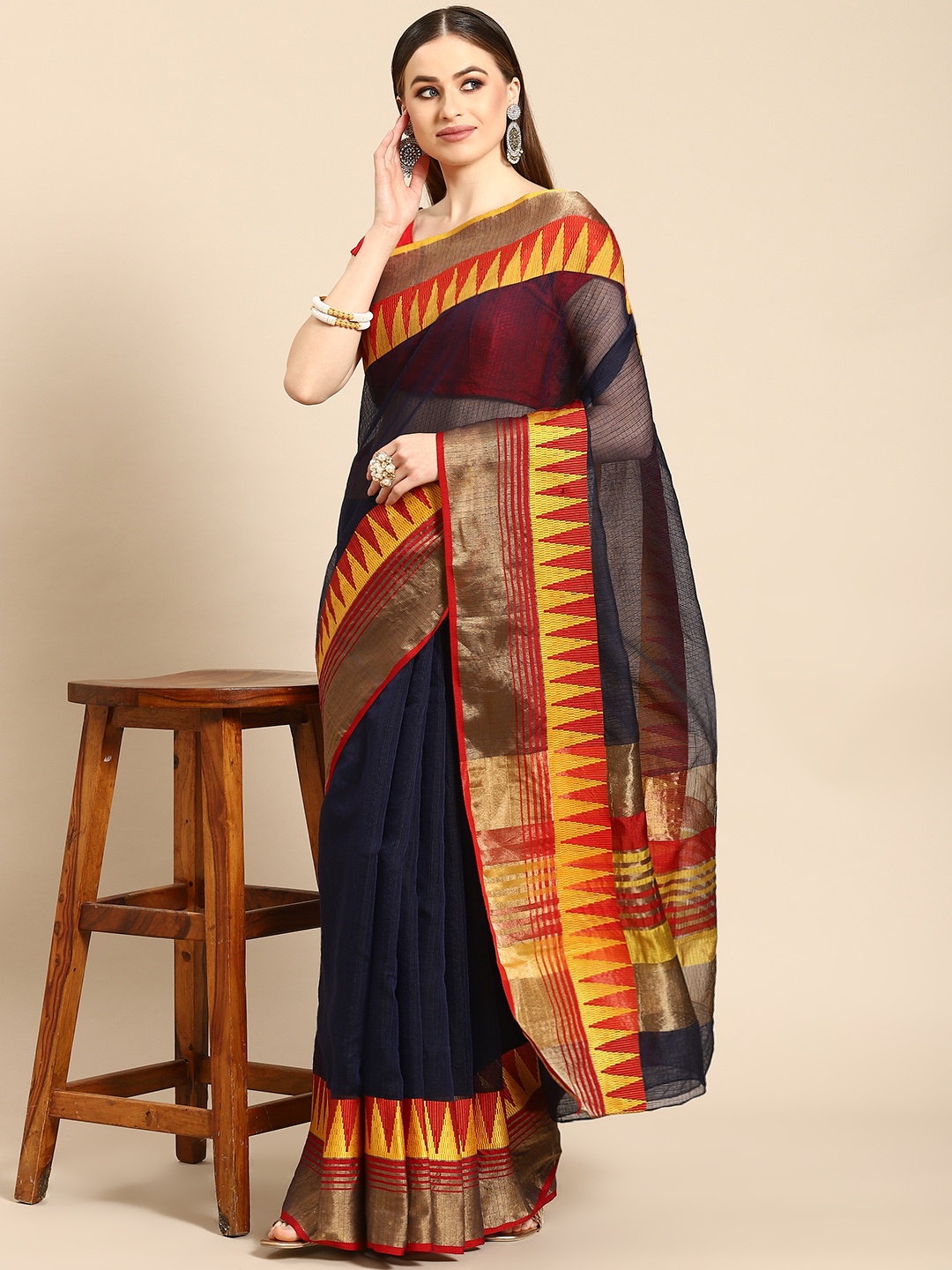 

Anouk Navy Blue & Maroon Printed Banarasi Saree