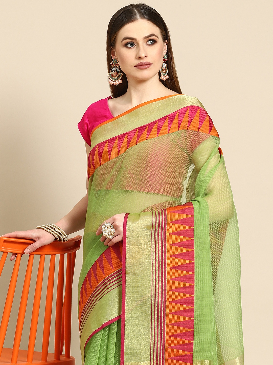 

Anouk Green & Pink Cotton Blend Saree With Woven Design Border