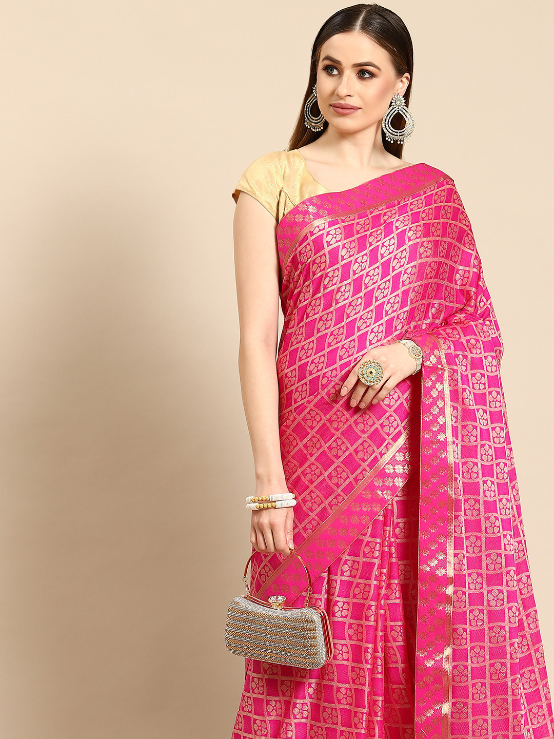 

Anouk Pink & Gold-Toned Ethnic Motifs Saree