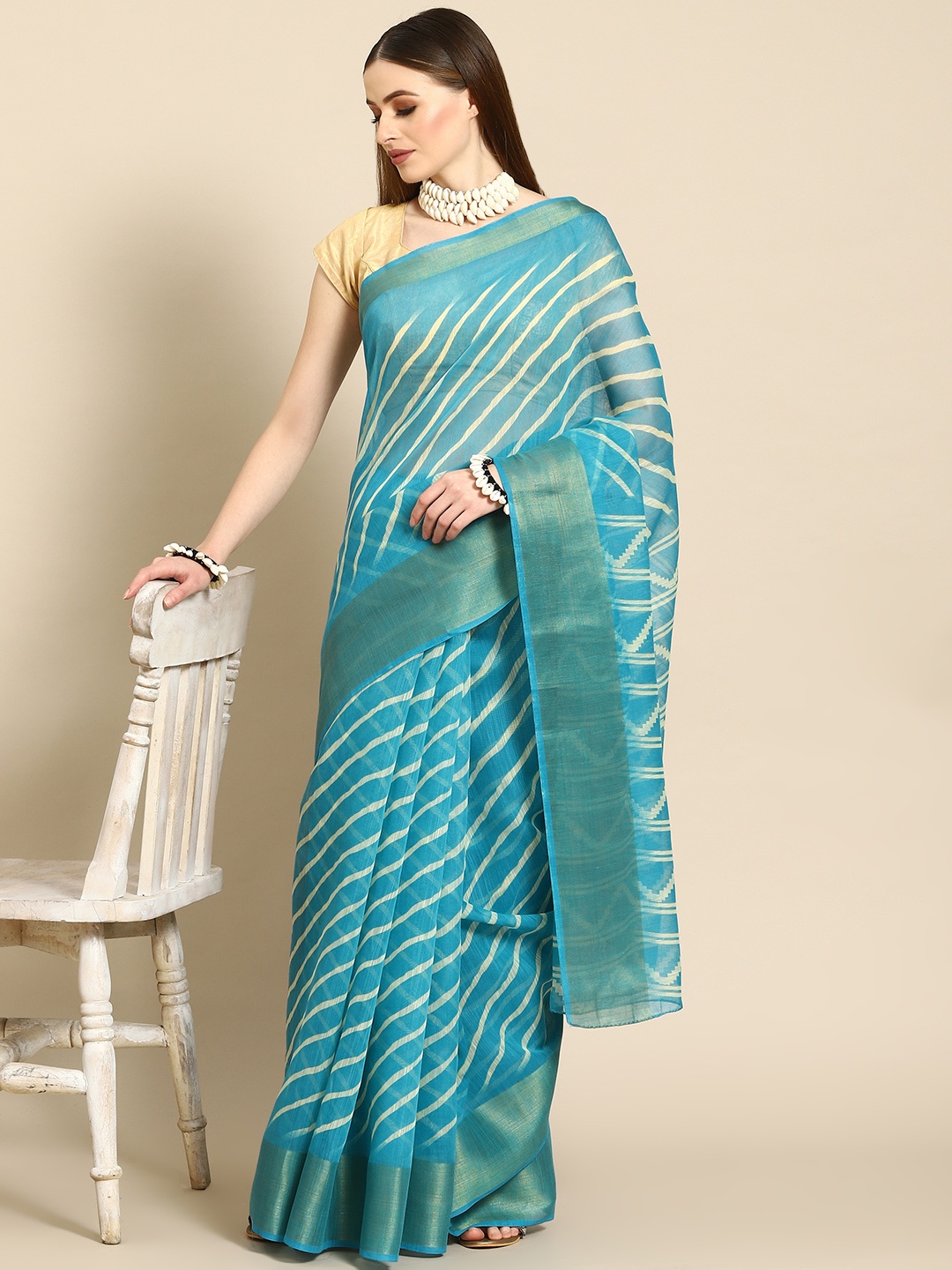 

Anouk Teal Blue & Cream-Coloured Leheriya Cotton Blend Saree