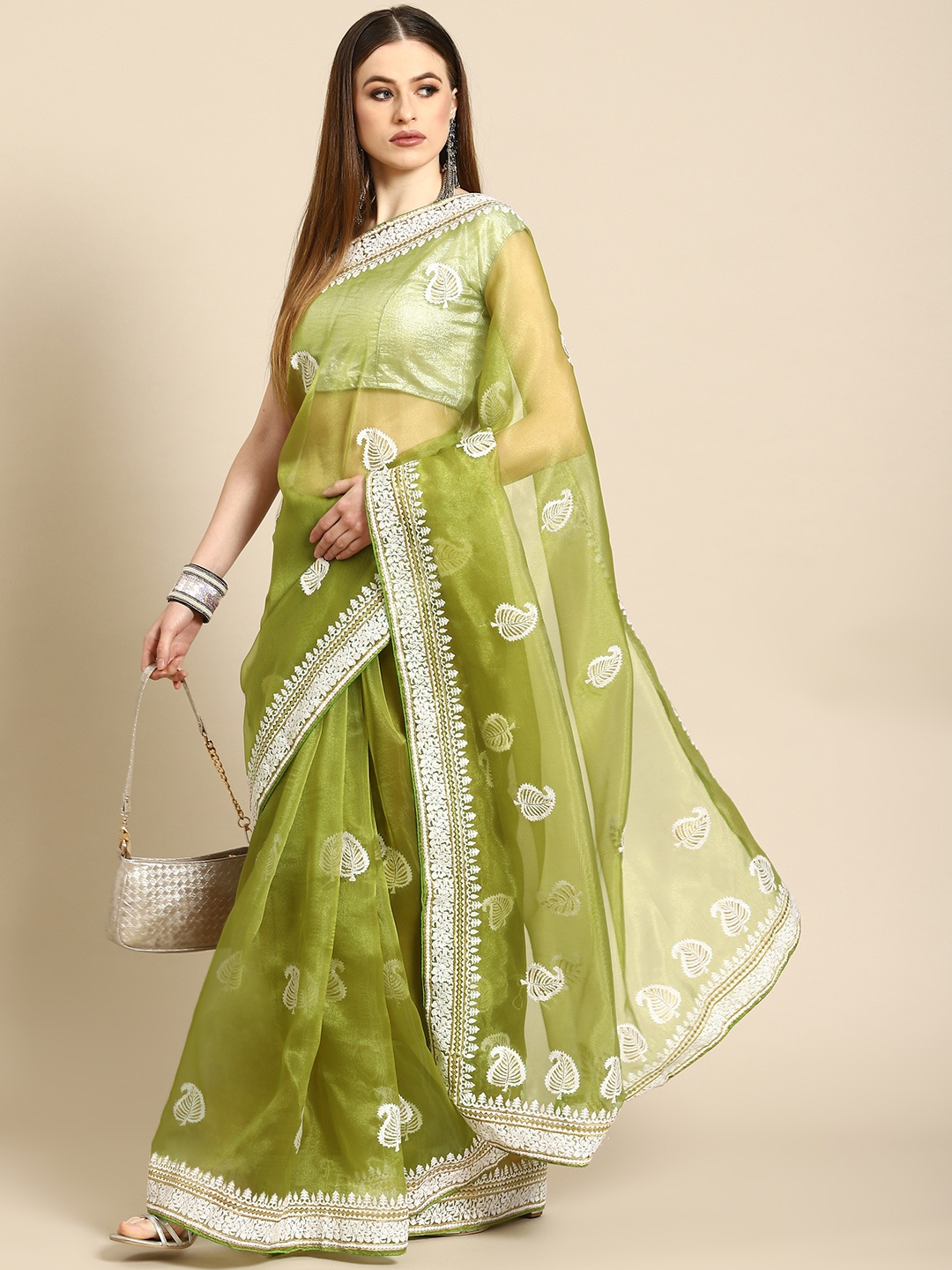 

Anouk Green & White Leaves Embroidered Organza Saree