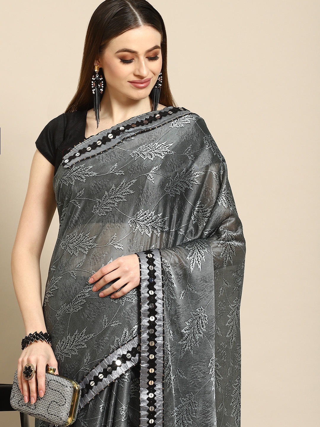 

Anouk Charcoal Grey Floral Polyester Saree