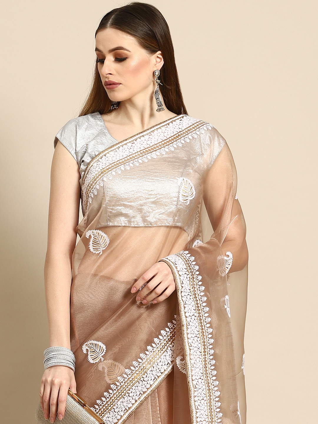 

Anouk Khaki & White Leaves Embroidered Organza Saree