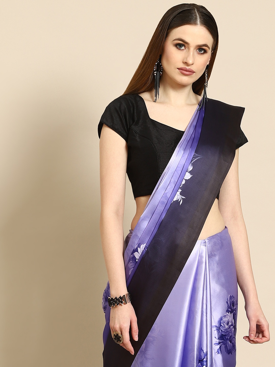 

Anouk Purple & Black Floral Satin Saree