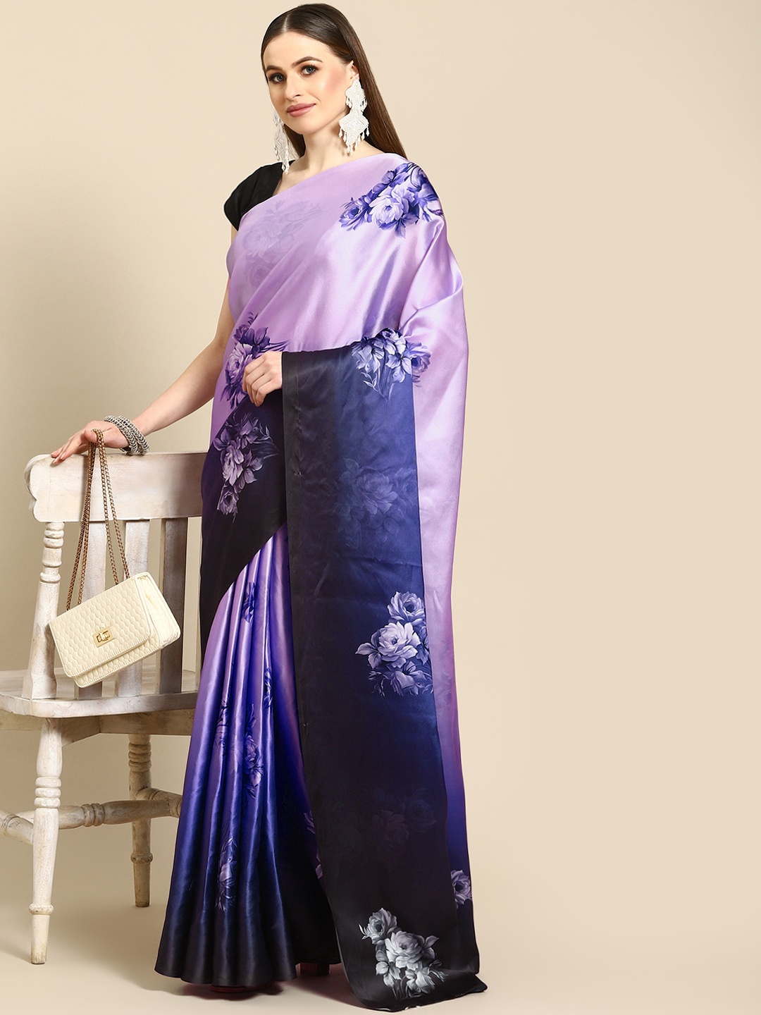 

Anouk Purple & Black Floral Satin Saree