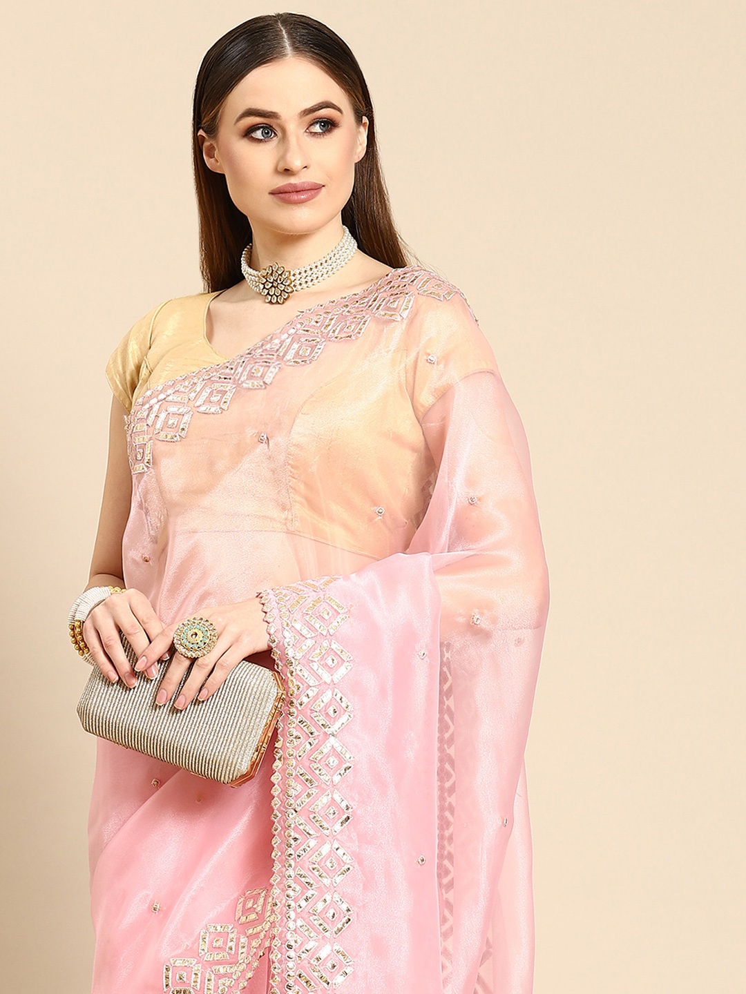 

Anouk Pink Embellished Organza Saree