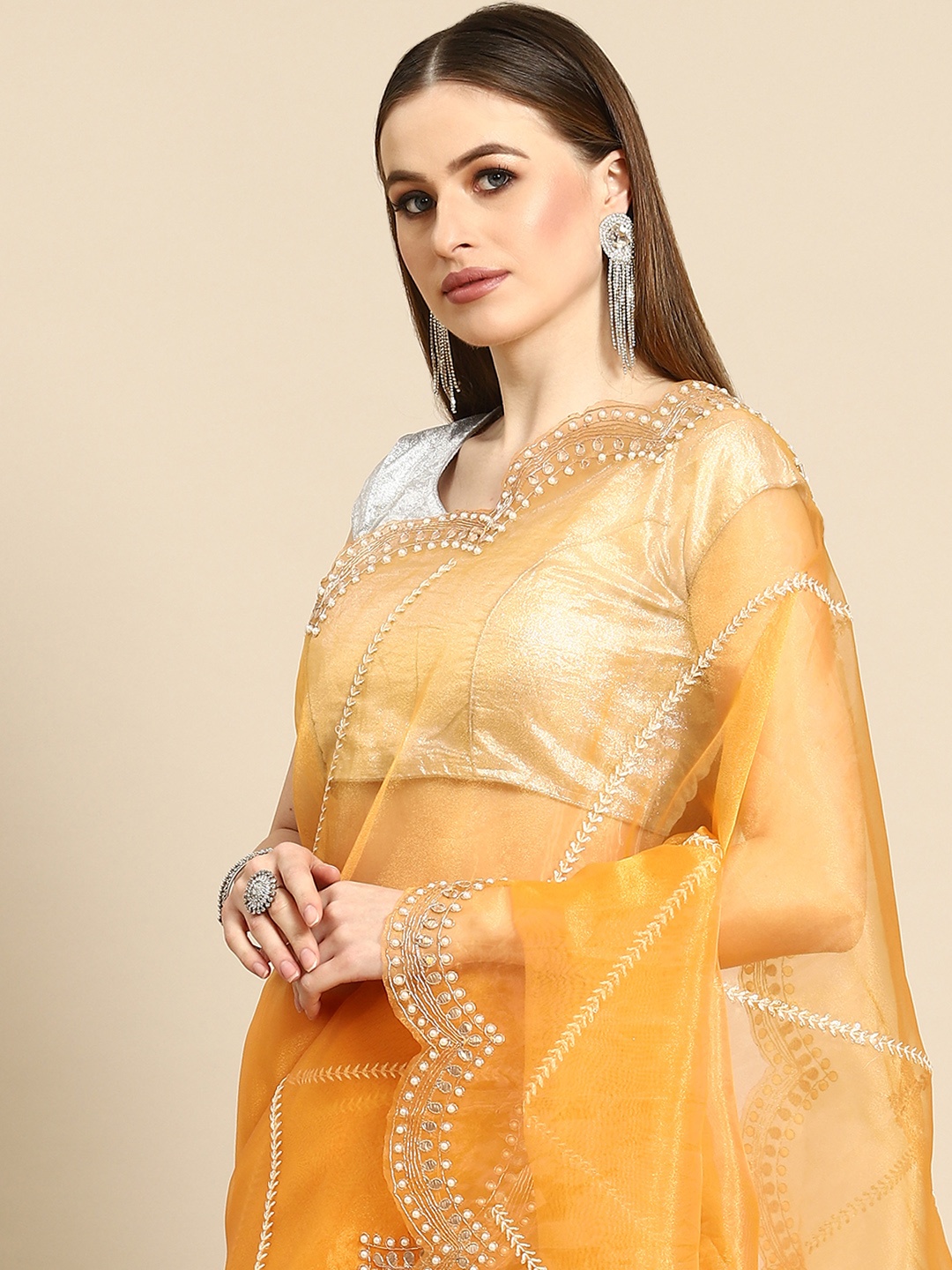 

Anouk Mustard Striped Beads and Stones Organza Saree