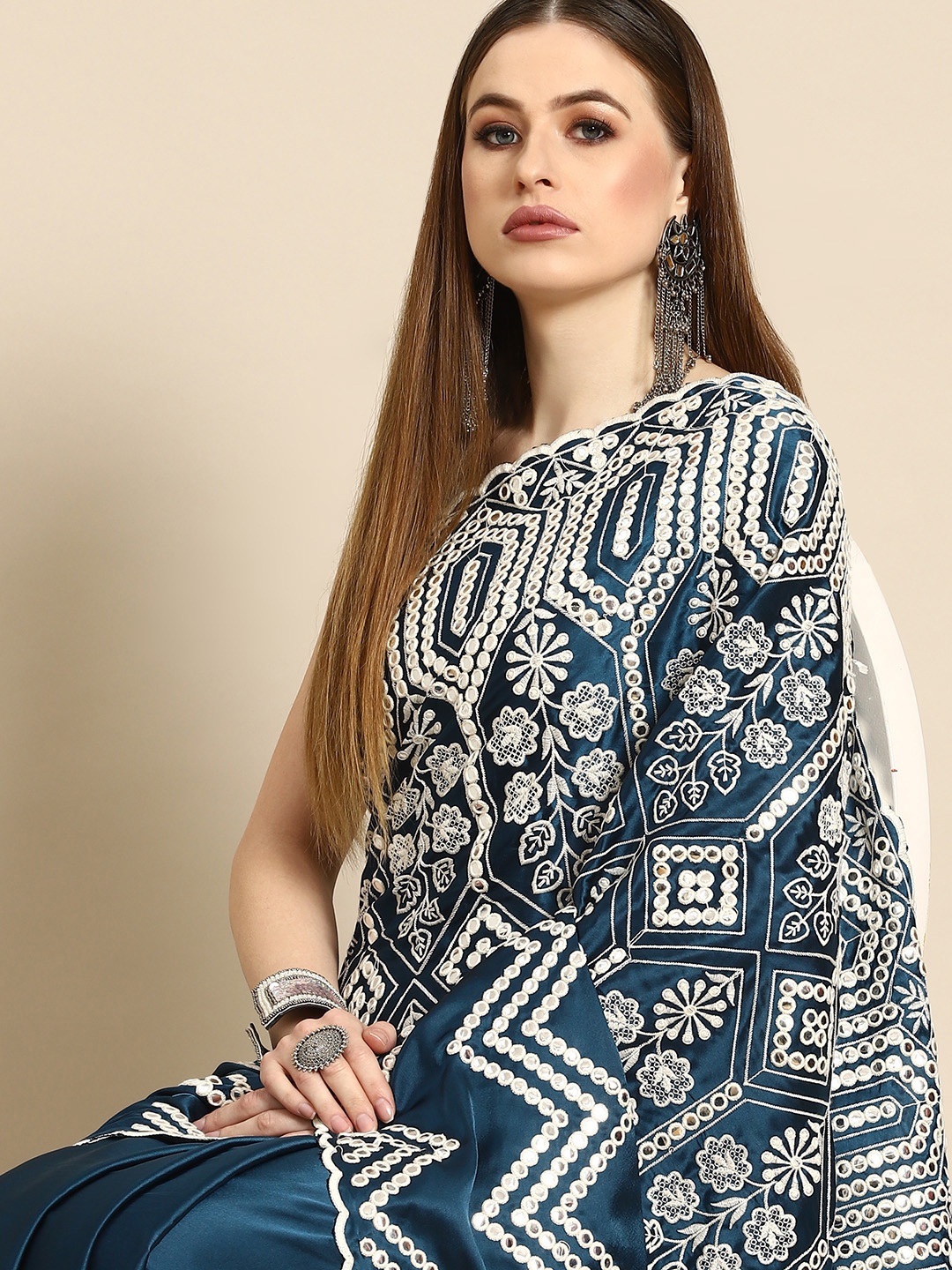 

Anouk Teal Blue & White Ethnic Motifs Mirror Work Satin Saree