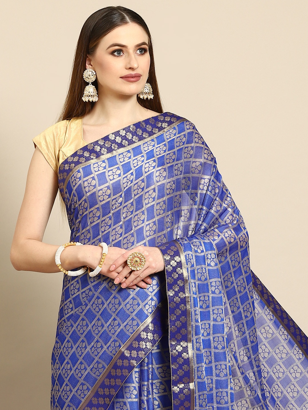 

Anouk Blue & Gold-Toned Floral Zari Saree