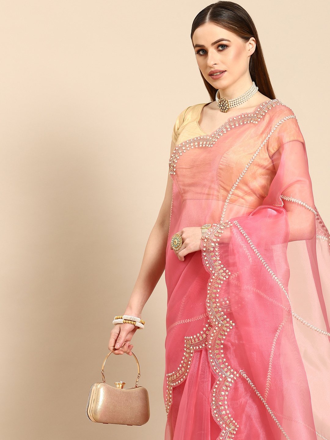 

Anouk Pink Embroidered Organza Saree