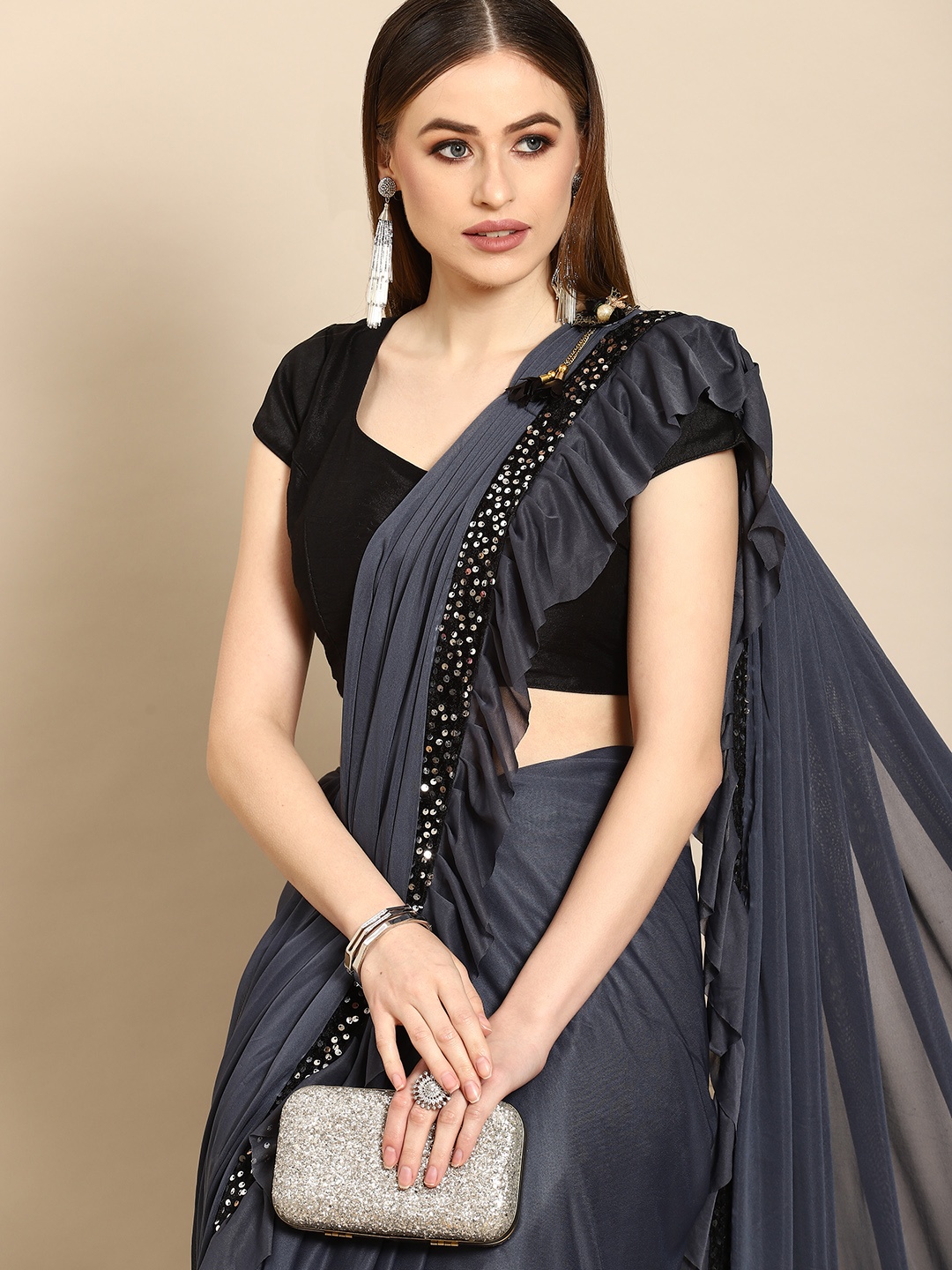 

Anouk Grey & Black Ruffled Saree