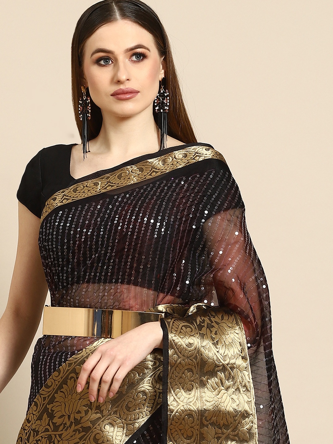 

Anouk Black & Gold-Toned Embellished Sequinned Organza Saree