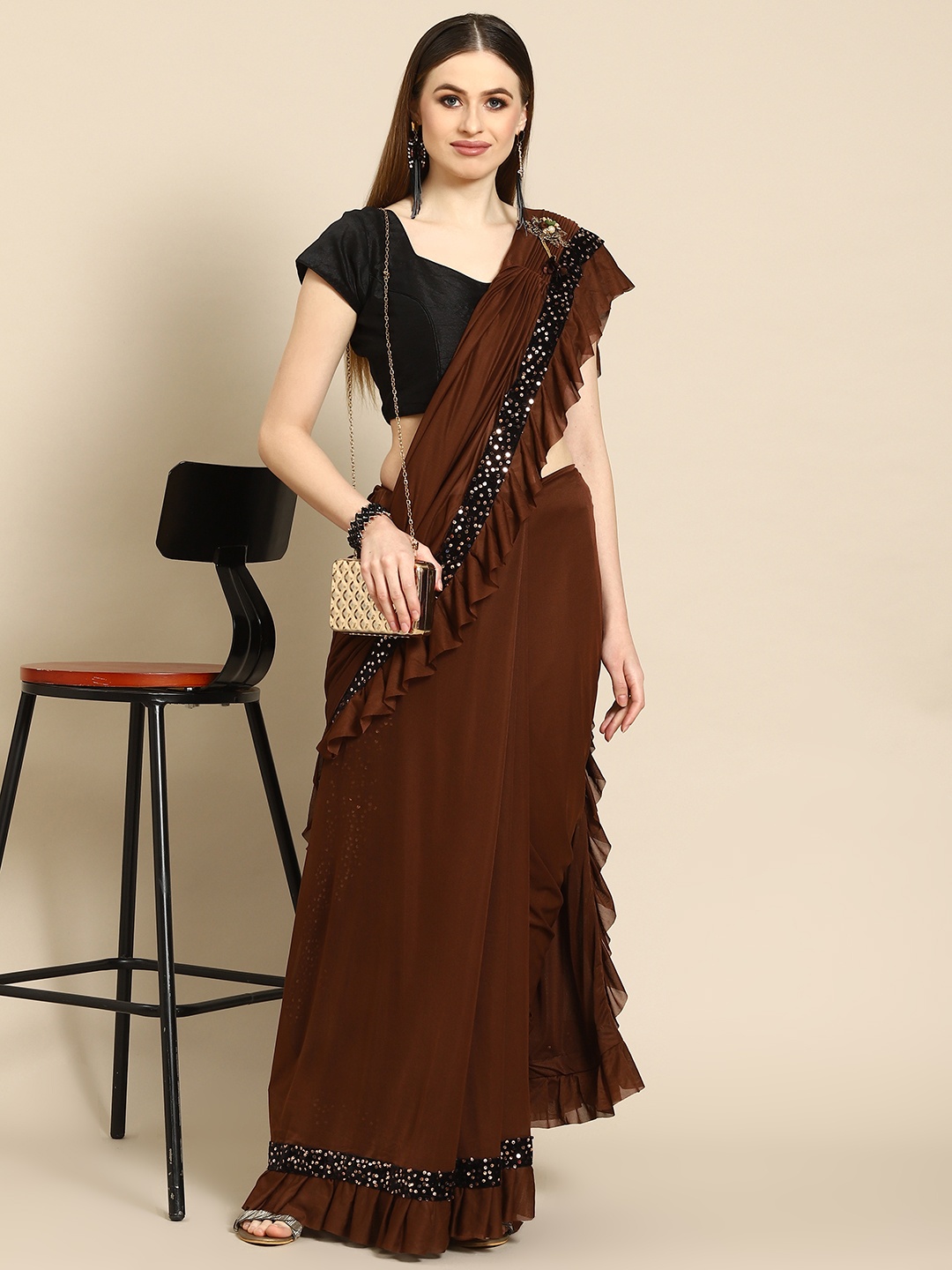 

Anouk Coffee Brown Sequinned Saree