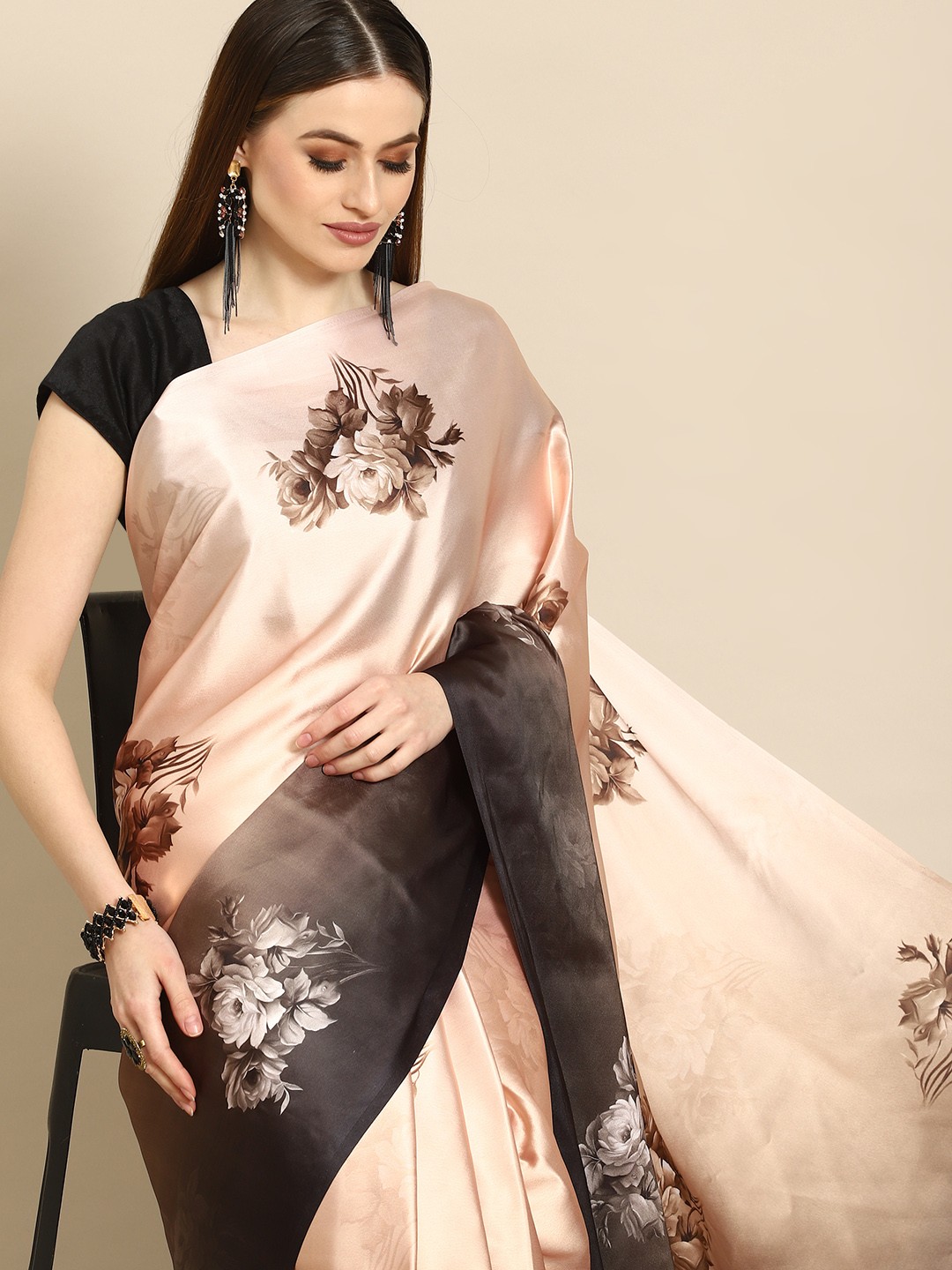 

Anouk Coffee Brown Floral Satin Saree