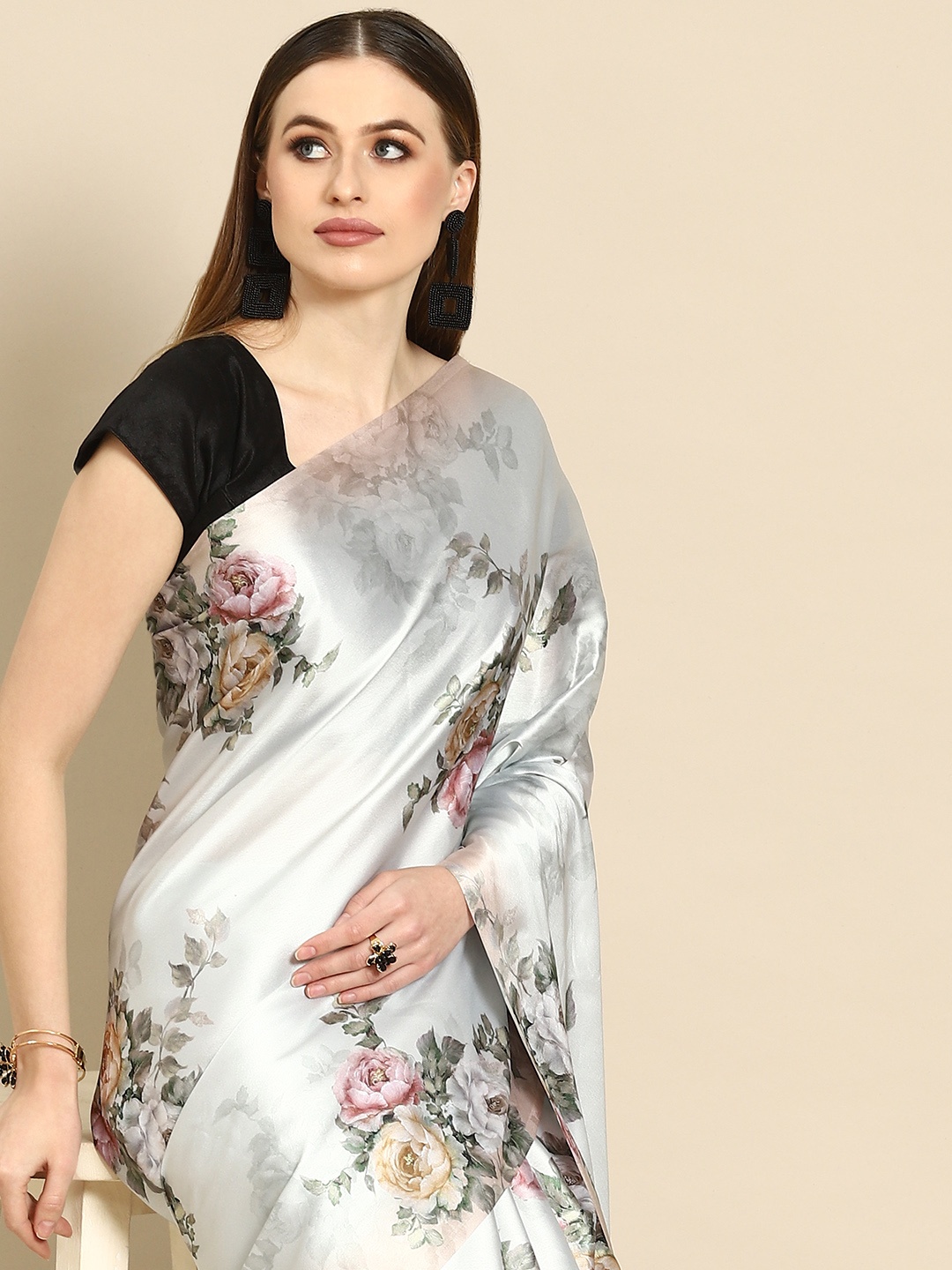 

Anouk Sea Green Floral Satin Saree