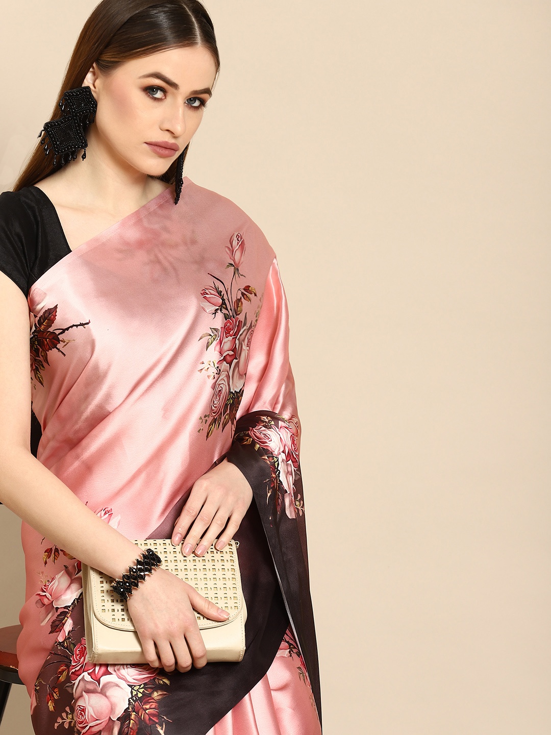 

Anouk Peach-Coloured & Brown Floral Print Satin Saree