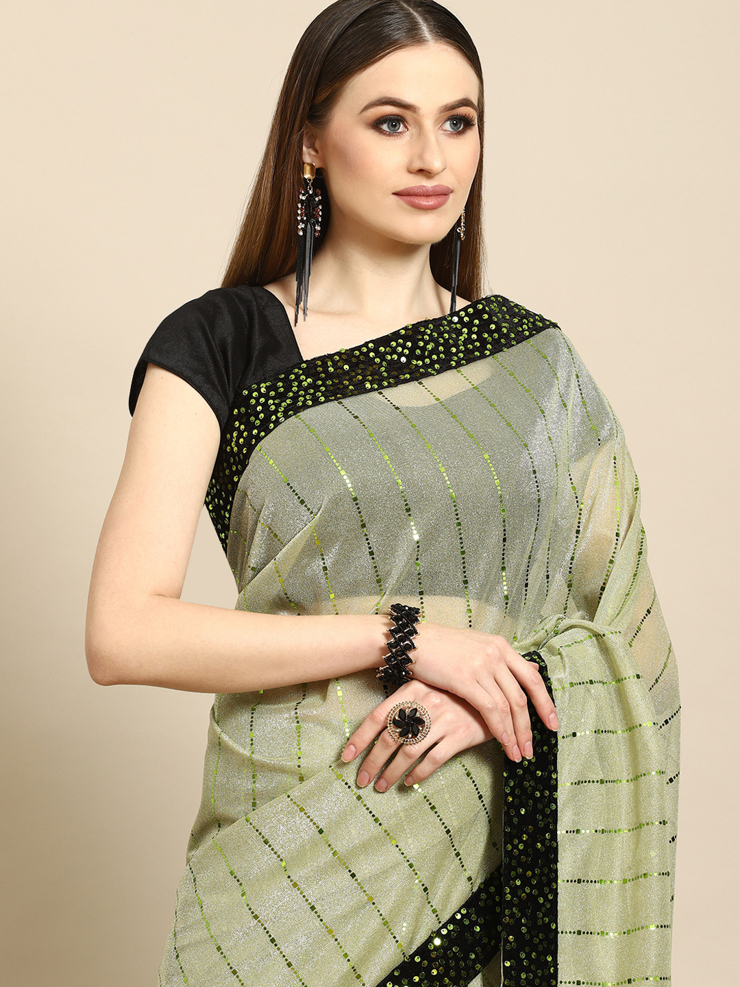 

Anouk Green & Black Striped Sequinned Saree