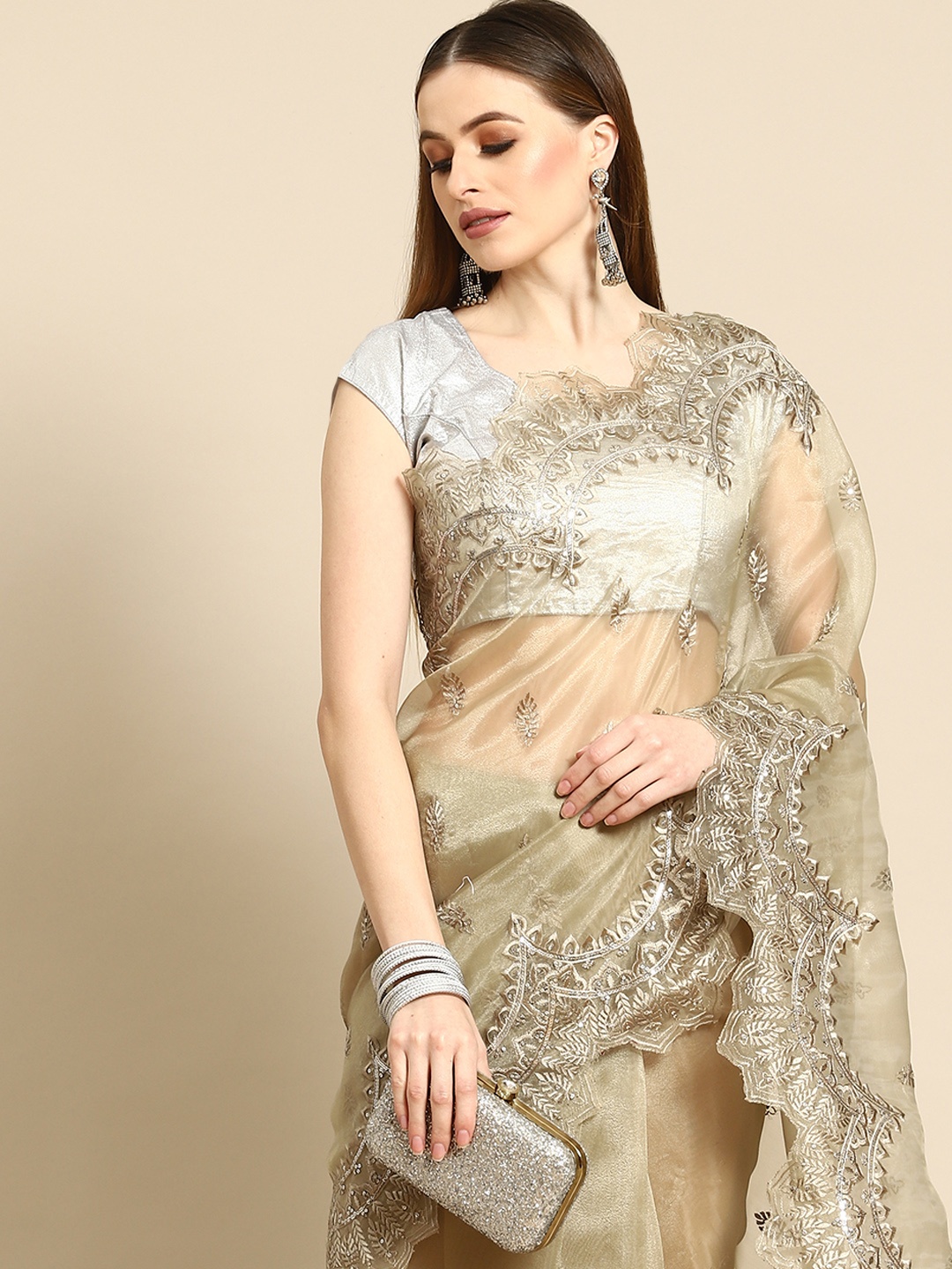 

Anouk Khaki Ethnic Motifs Organza Saree