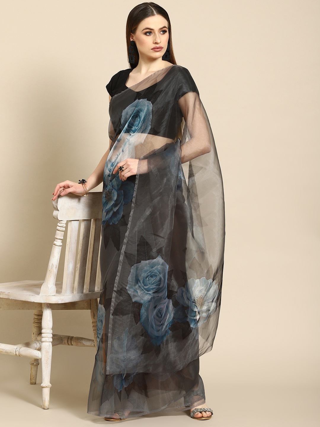

Anouk Grey Floral Organza Saree