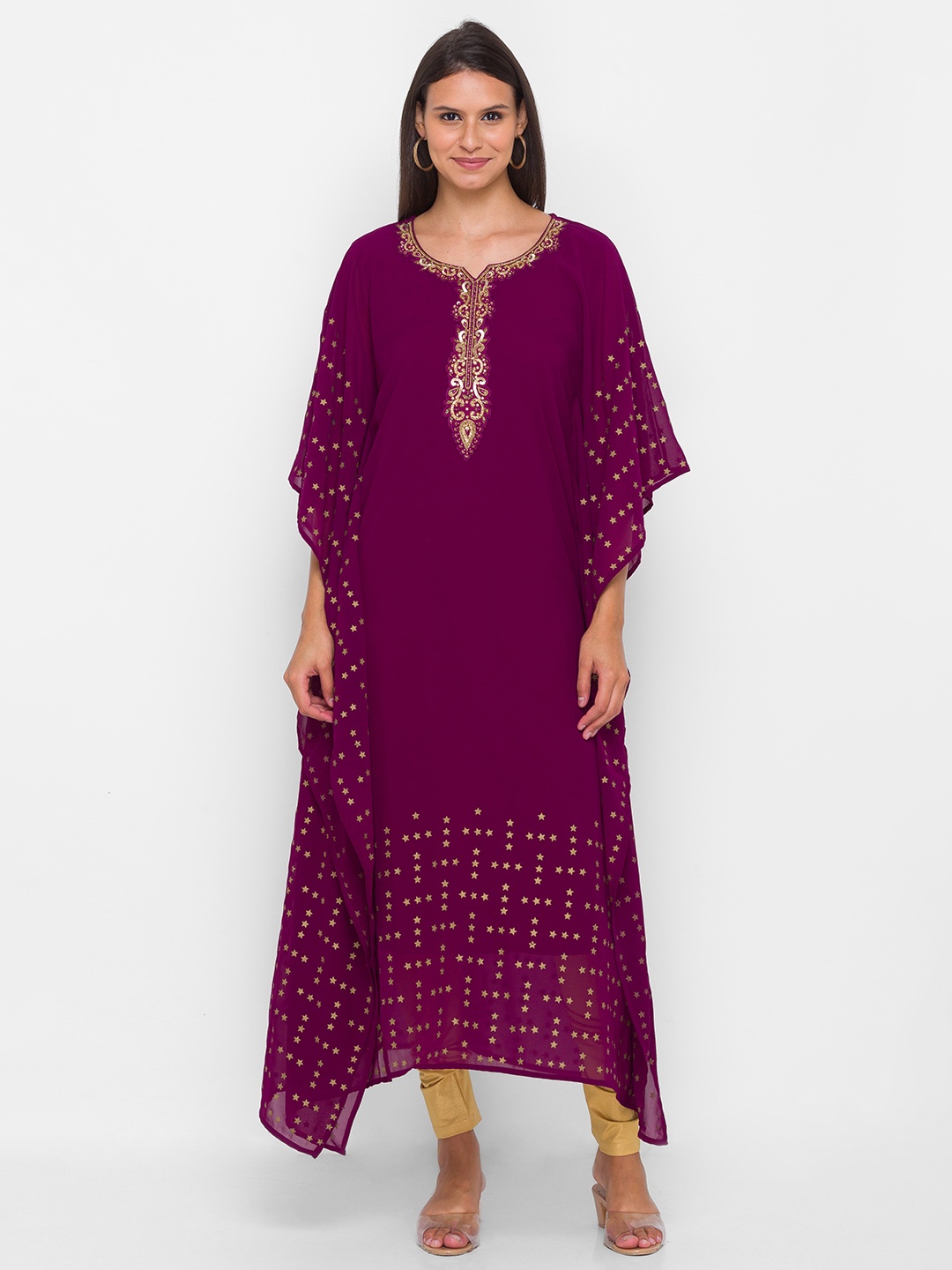 

ZOLA Women Foil Print Calf Length Kaftan Kurta, Burgundy