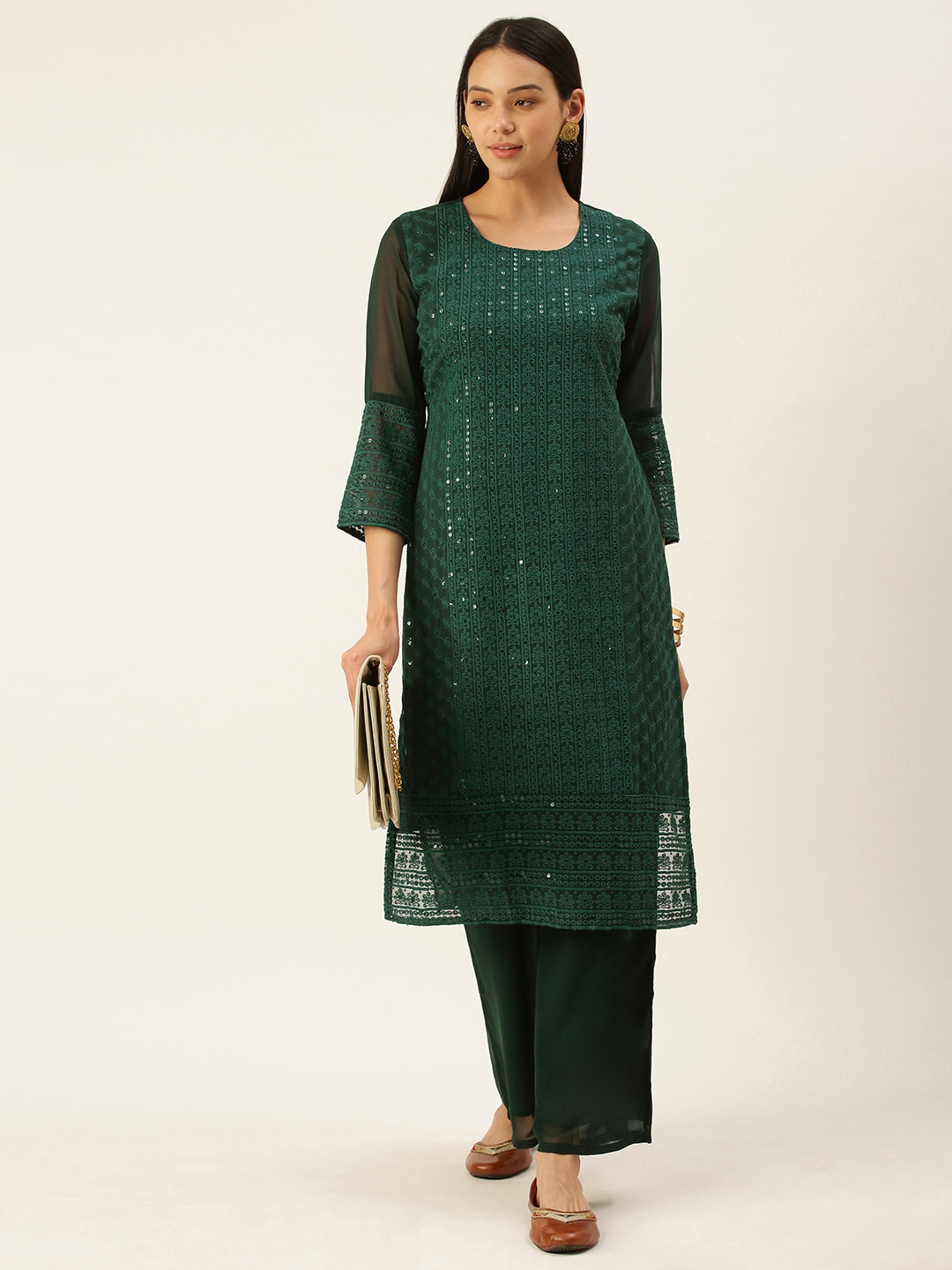 

SWAGG INDIA Women Green Ethnic Motifs Sequinned Chikankari Kurta with Palazzos