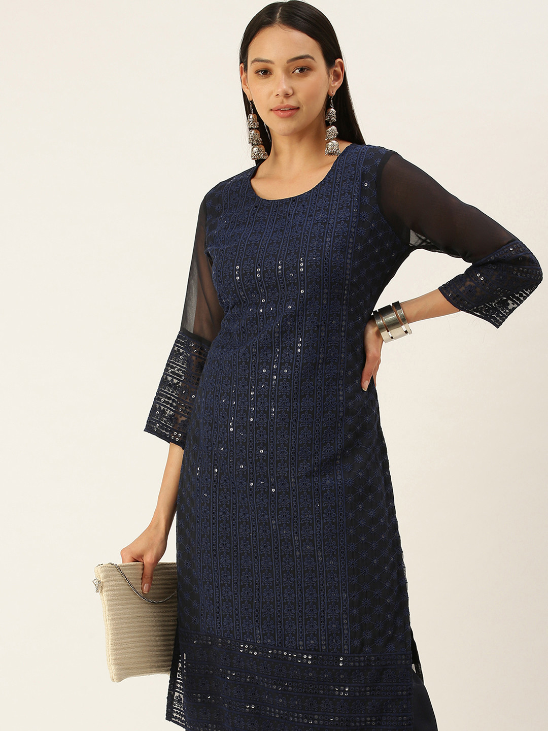 

SWAGG INDIA Women Navy Blue Ethnic Motifs Sequinned Chikankari Kurta with Palazzos