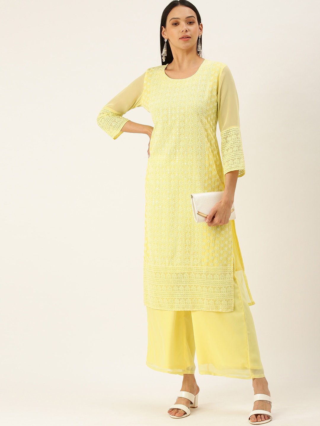 

SWAGG INDIA Women Yellow Ethnic Motifs Chikankari Sequinned Kurta with Palazzos