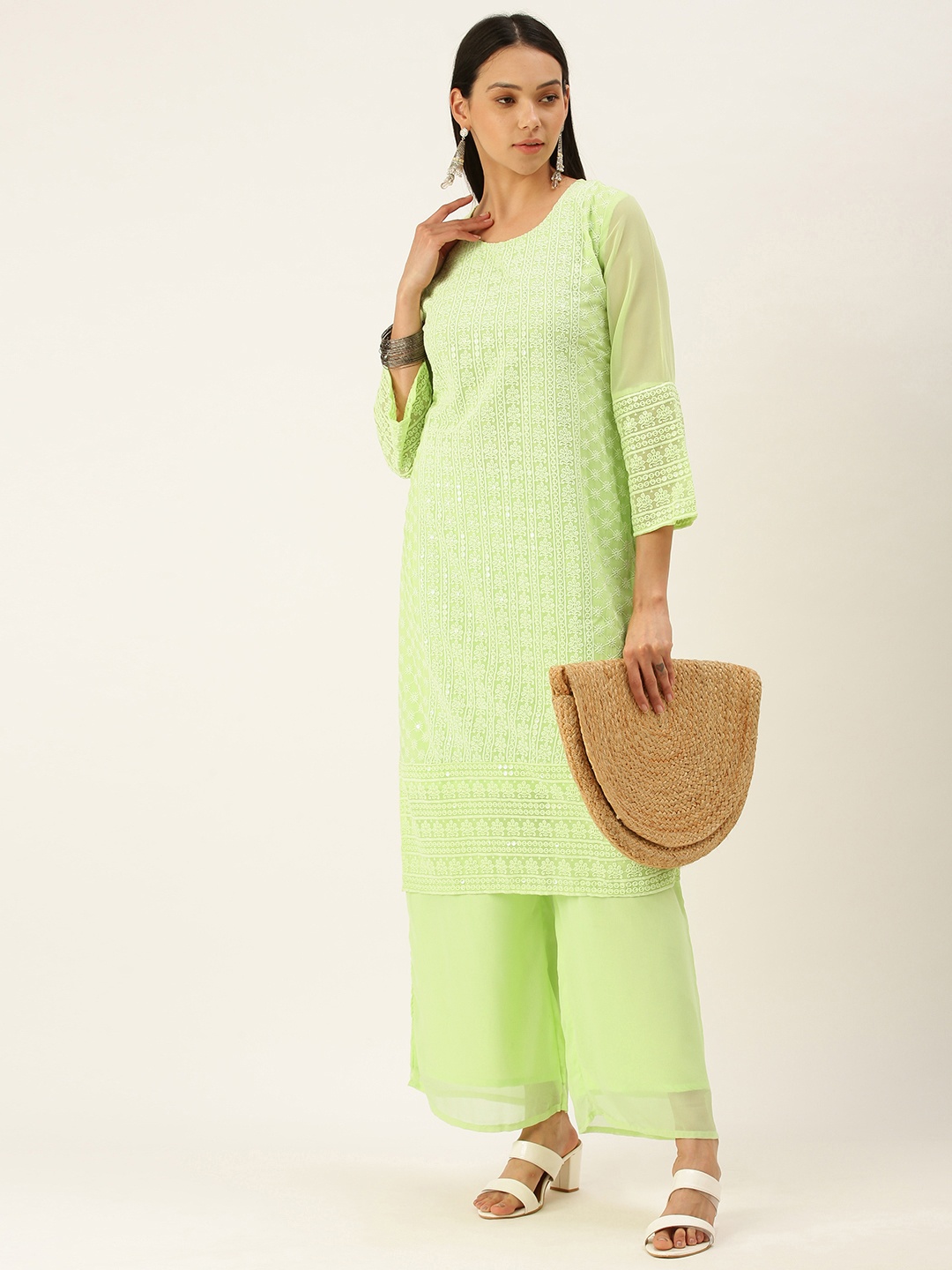 

SWAGG INDIA Women Green Ethnic Motifs Sequinned Chikankari Kurta with Palazzos