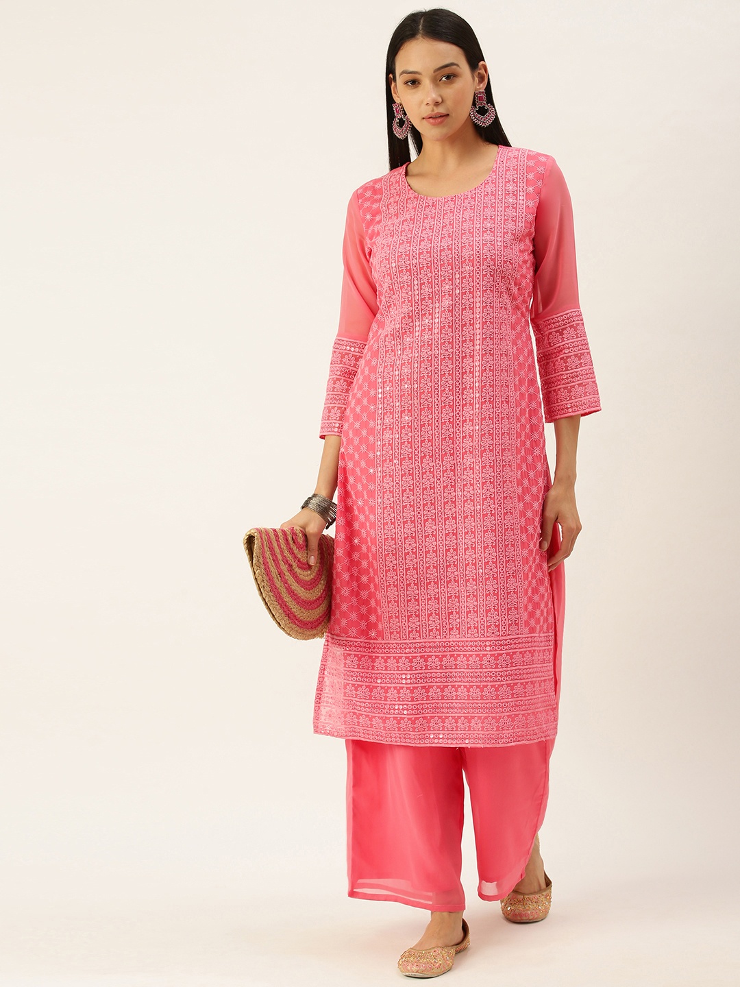 

SWAGG INDIA Women Pink Ethnic Motifs Sequinned Chikankari Kurta with Palazzos