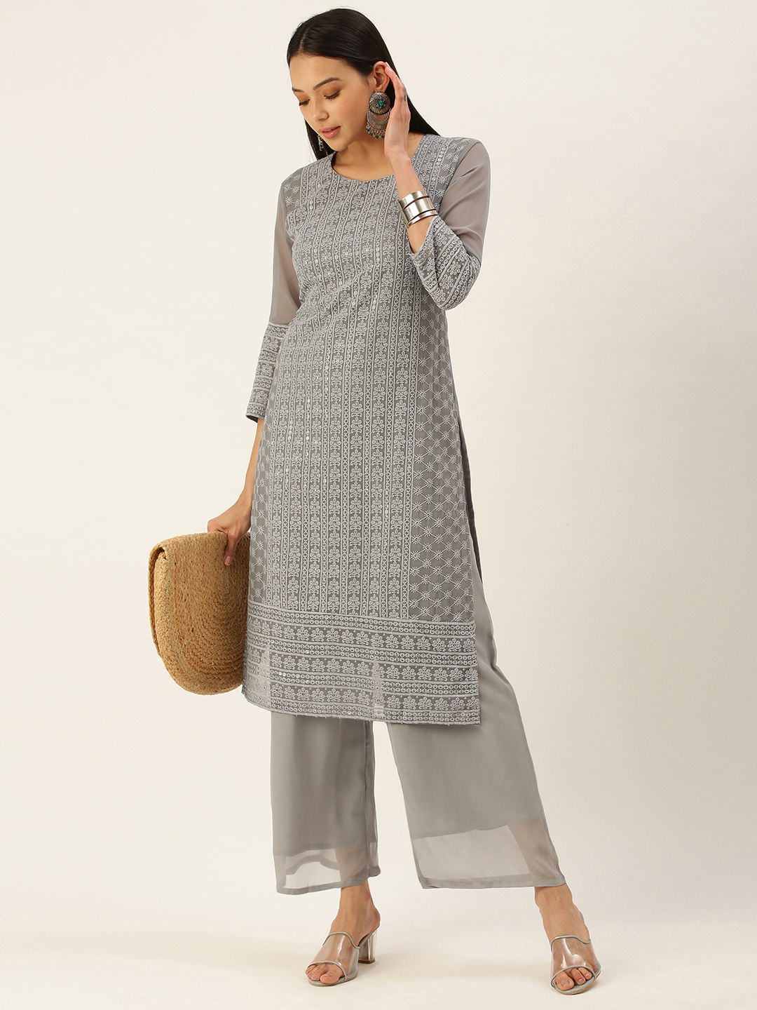 

SWAGG INDIA Women Grey Ethnic Motifs Sequinned Chikankari Kurta with Palazzos