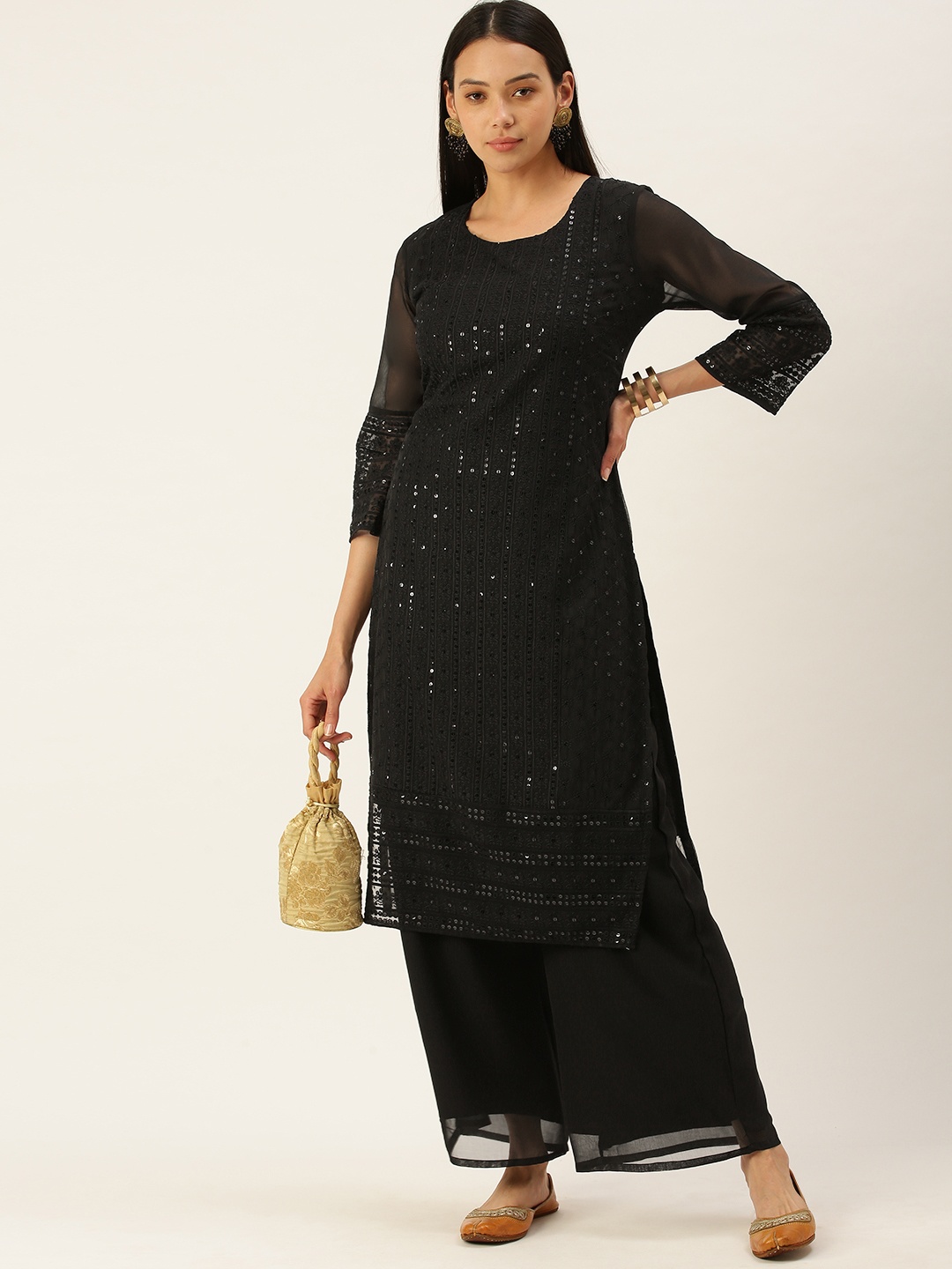 

SWAGG INDIA Women Black Ethnic Motifs Chikankari Embroidered Kurta with Palazzos