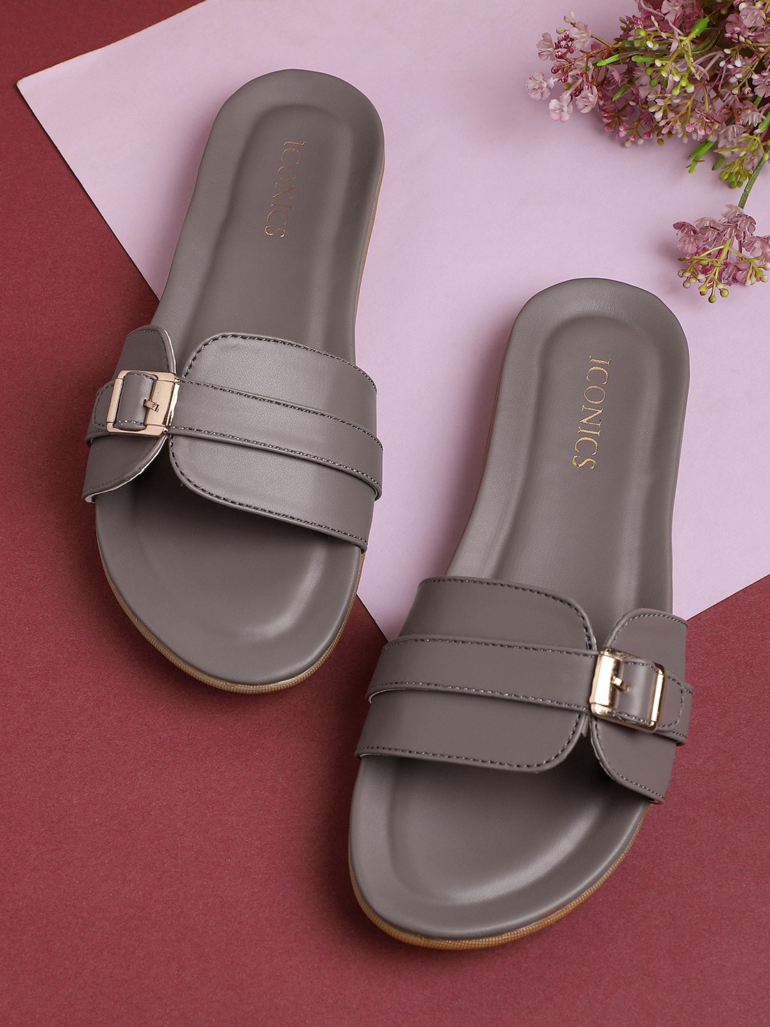 

ICONICS Women Brown Striped Open Toe Flats with Buckles