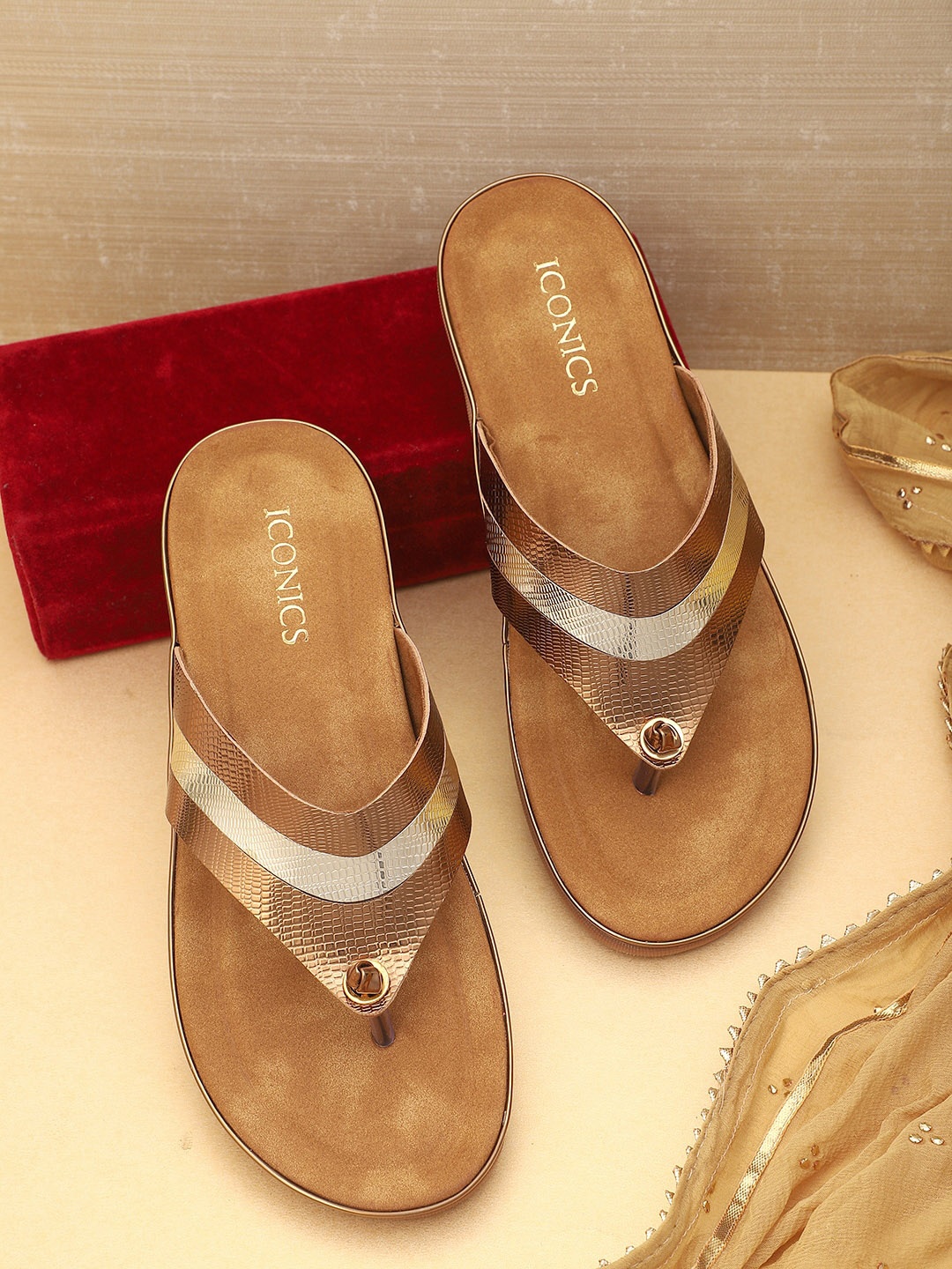 

ICONICS Women Gold-Toned Ethnic Open Toe Flats