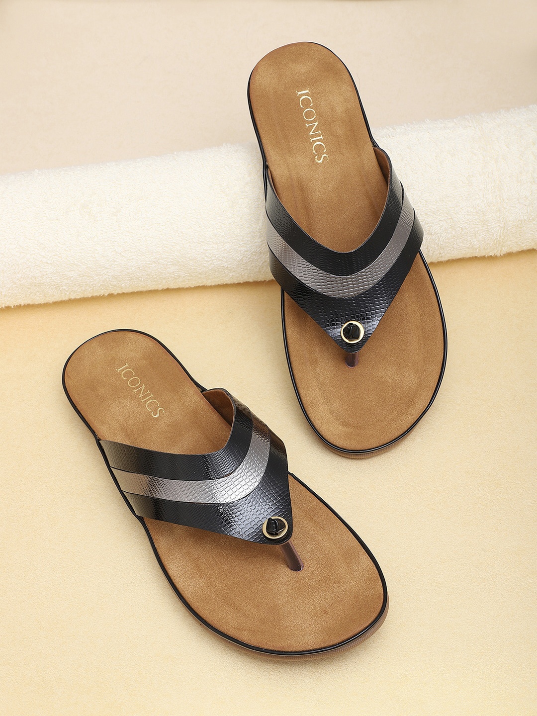 

ICONICS Women Black Striped T-Strap Flats