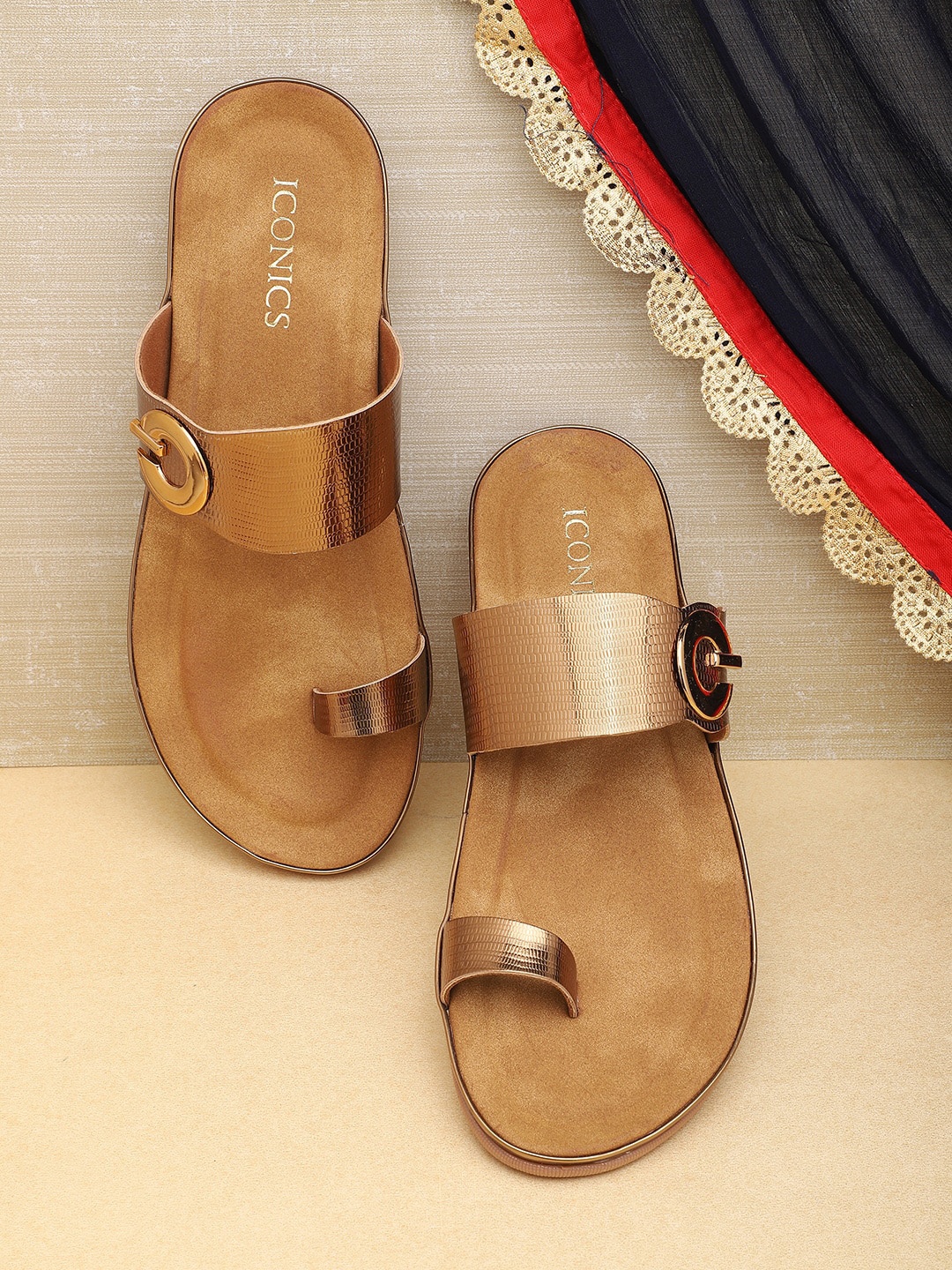 

ICONICS Women Gold-Toned Ethnic One Toe Flats