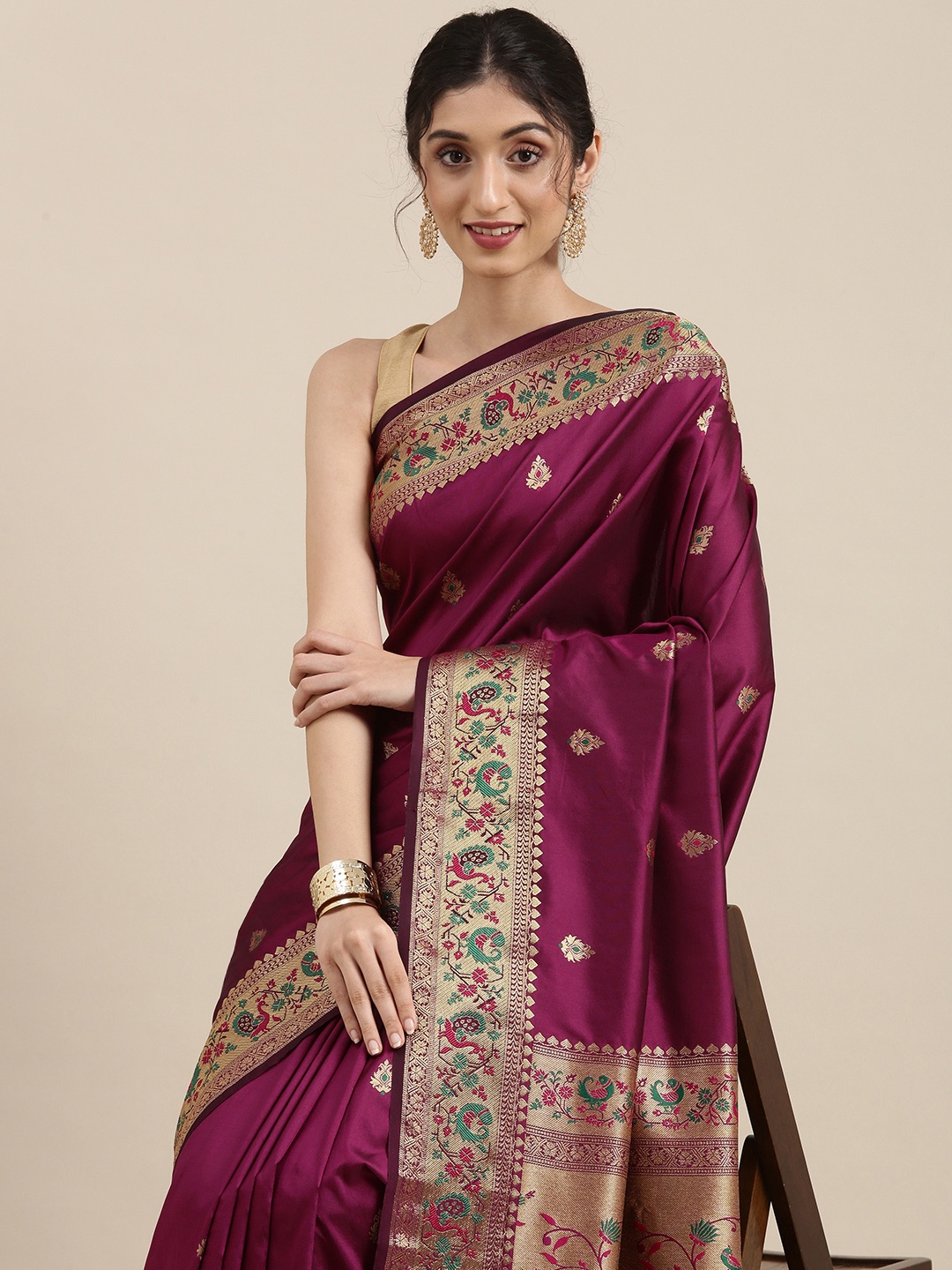 

Mitera Purple & Golden Ethnic Motifs Zari Silk Blend Paithani Saree