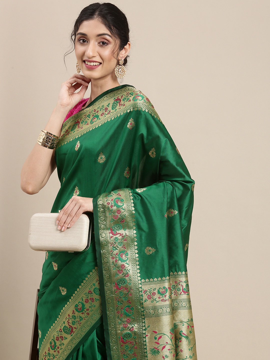 

Mitera Green & Golden Ethnic Motifs Zari Silk Blend Paithani Saree