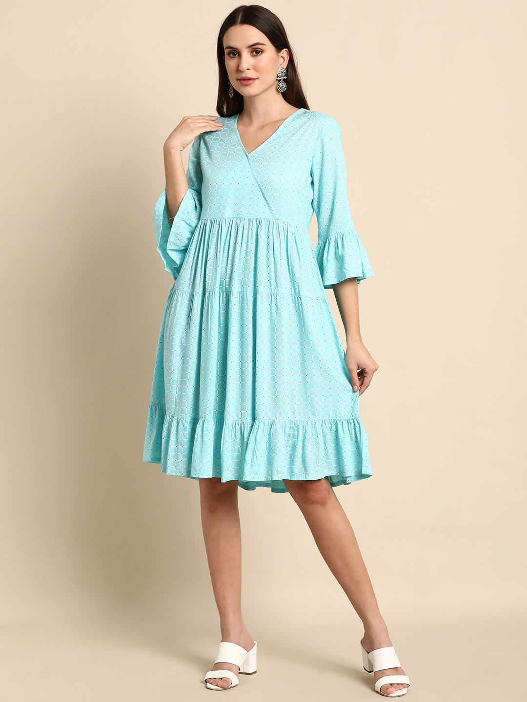 

Janasya Turquoise Blue & White Checked Tiered Dress