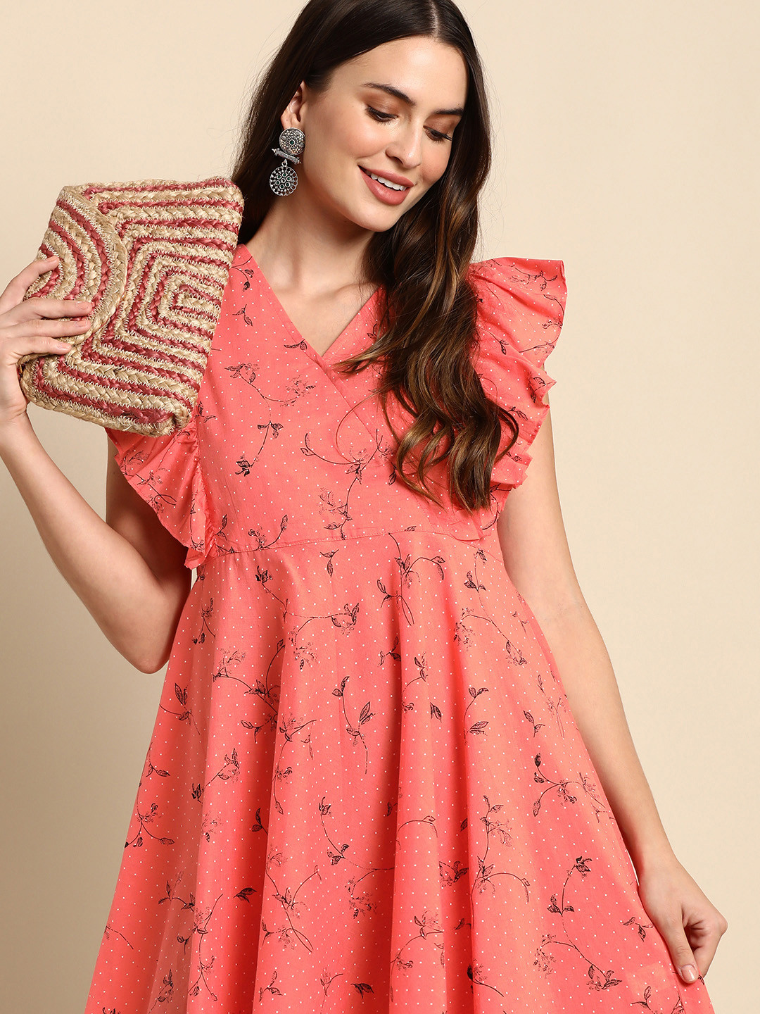 

Janasya Pink A-Line Polka Dot Prink Dress