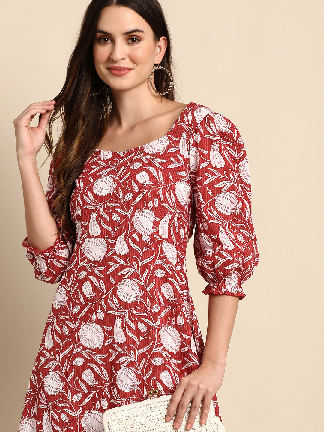 

Janasya Red Ethnic Motif A-Line Midi Dress